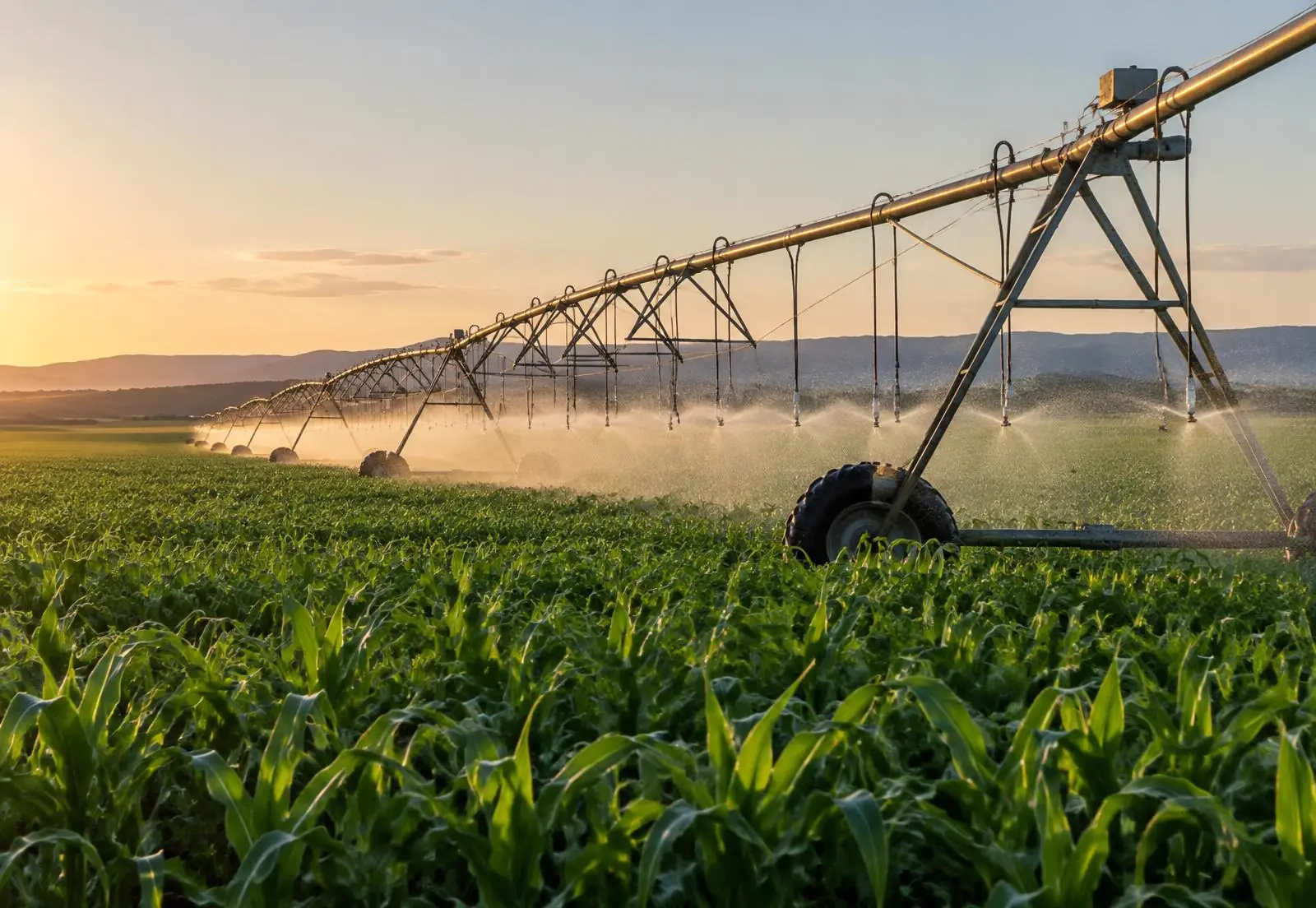 Center pivot irrigation watering green row crops in warm evening light