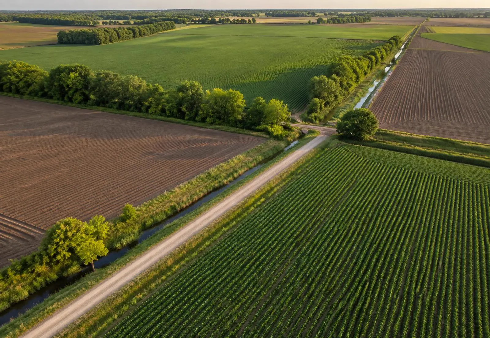 Aerial view of Mississippi Delta row crop fields, tree lines, and a gravel farm road in warm afternoon light