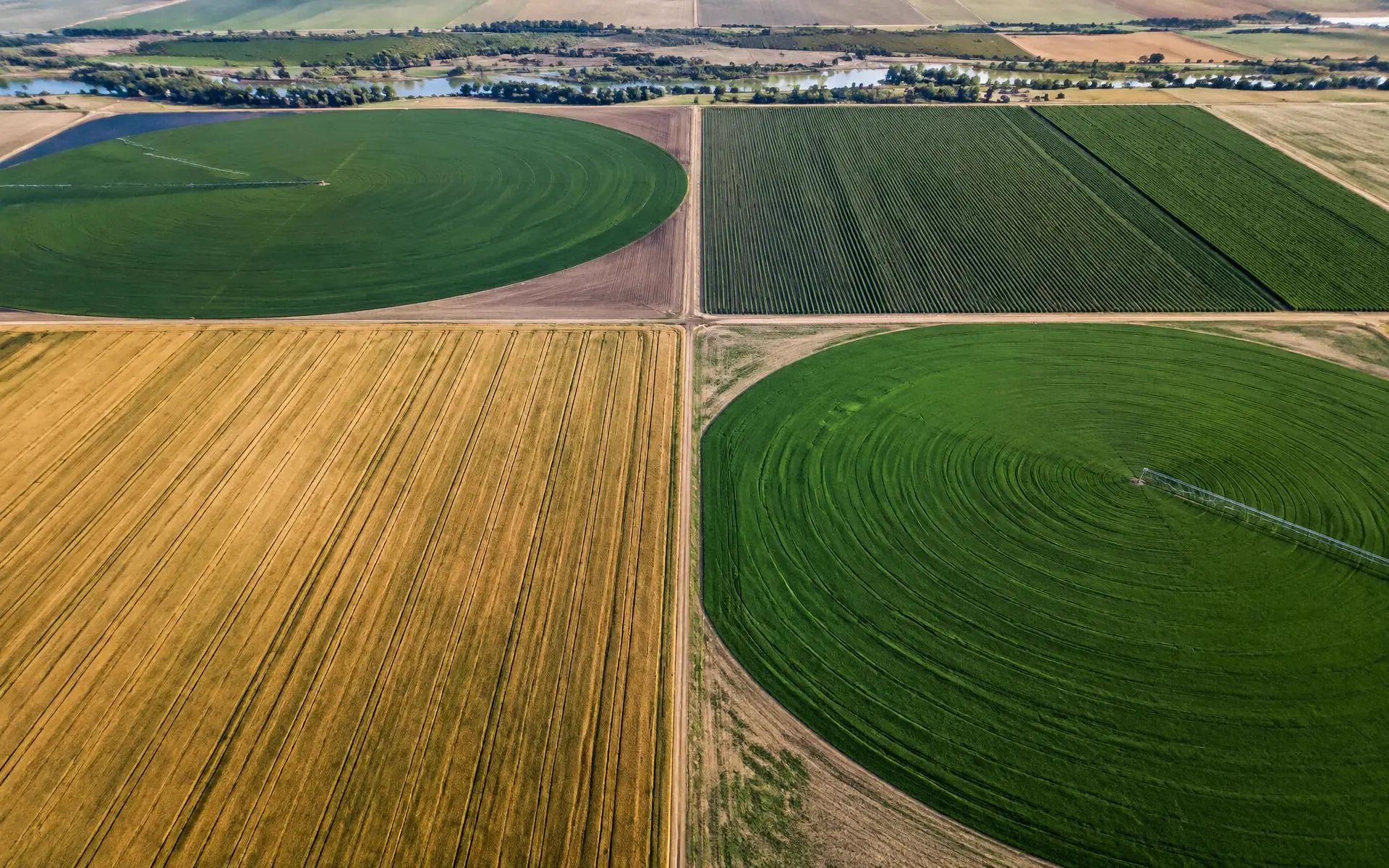 Aerial view of irrigated U.S. row crop fields