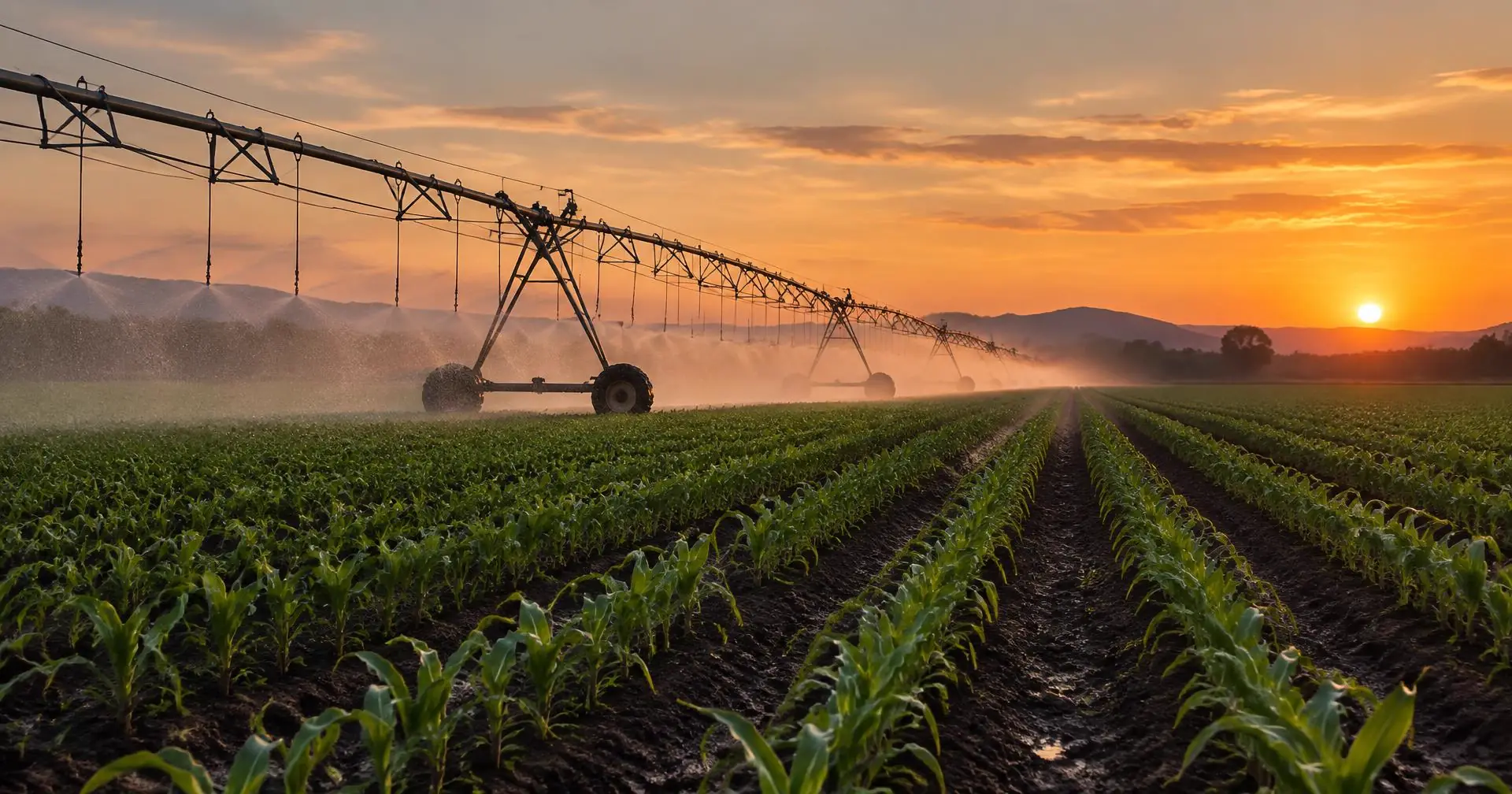 Rows of young corn in an irrigated field at dusk, with a sprinkler irrigation line misting the crop