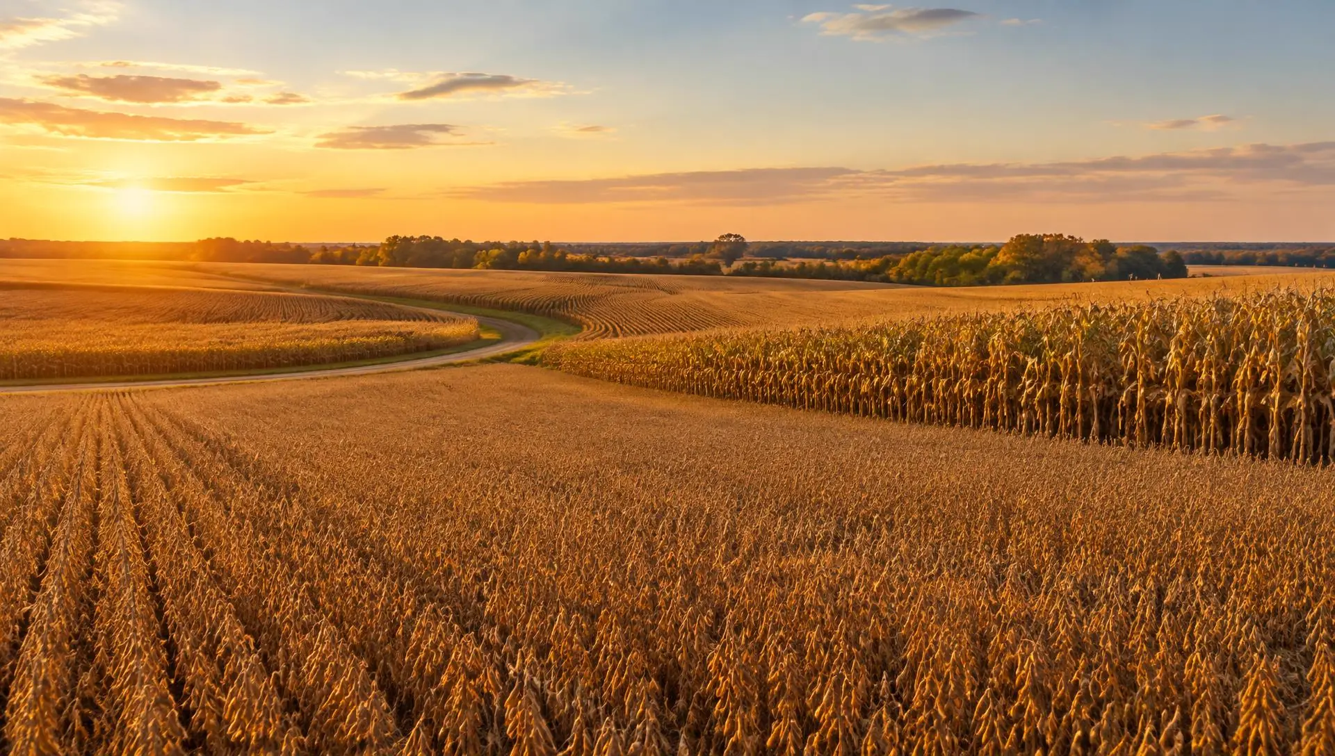 U.S. row crop farmland glowing in warm golden-hour light at harvest