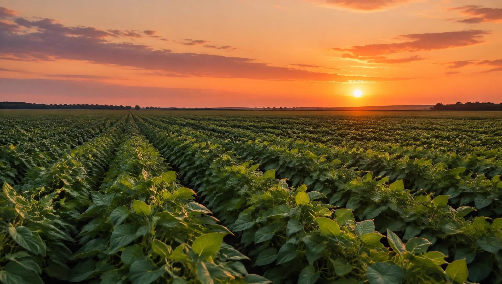 Wide, calm soybean field at sunset with rows of green soybeans stretching to the horizon