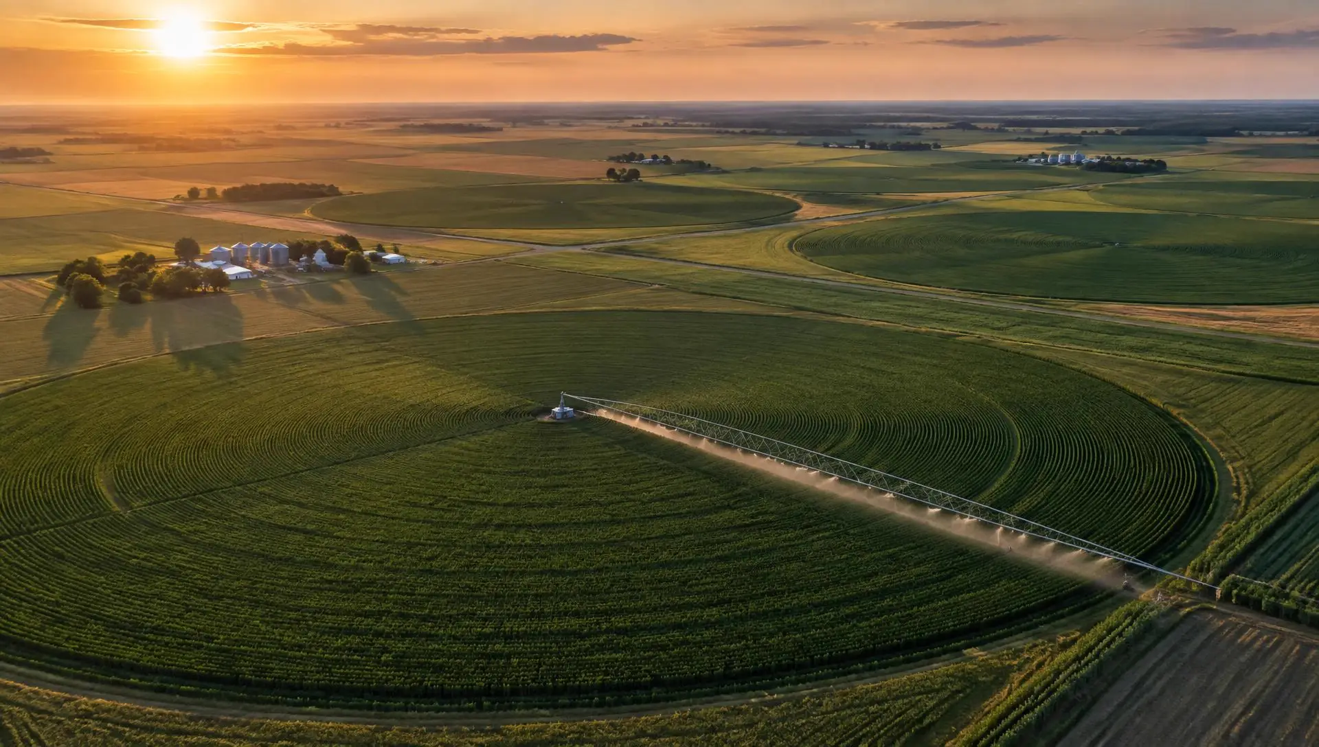Aerial view of irrigated U.S. row crop farmland at sunrise, with a center pivot irrigation system watering green fields